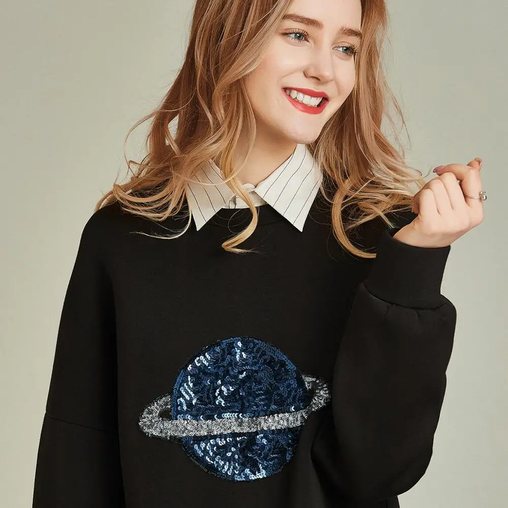 Хавва женский черный блестящий сшивной круглый вырез хлопок и полиэстер пуловер