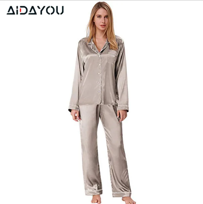 Женский Атласный пижамный комплект одежда для сна с длинным рукавом зимняя