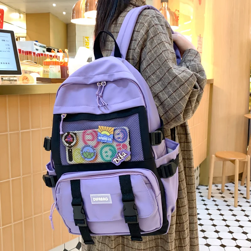 

DIFA New Large Capacity Waterproof Nylon Women Backpack Female Tuck Net Insert Buckle Travel Bag Teenage Girl Preppy Schoolbag