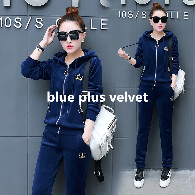 blue 1 Золотой вельветовый спортивный костюм осень и зима плюс бархатные женские комплекты повседневные с капюшоном золотые бархатные женские костюмы спортивный костюм - Цвет: blue 1