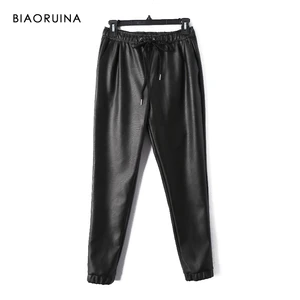 Женские повседневные брюки BIAORUINA, черные узкие брюки-карандаш из искусственной кожи с высокой талией, уличная одежда, новинка