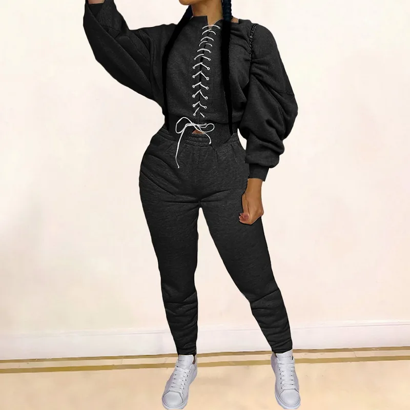 2020 Women Spring and Autumn Bandage Tracksuit Loose Two-piece Set Long Sleeve Elastic Waist Lace Up Placket Sportswear | Женская одежда