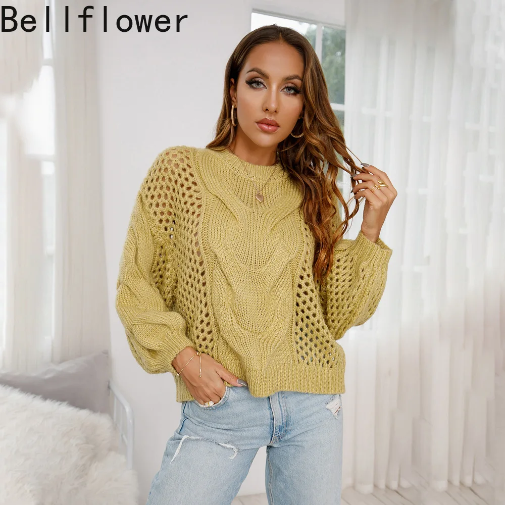 

Green Hollow Out Knitted Sweater Women Long-sleeved England Style Casual Sweaters Long Lantern Sleeve Woman Sweaters