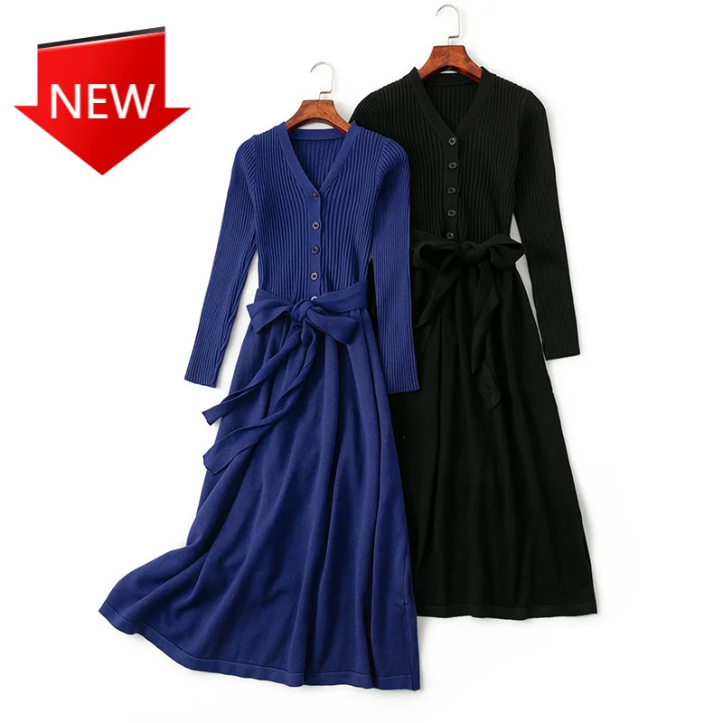 

OL female long sweater dress with belt elegant a-line solid slim dress autumn winter v-neck maxi sweater dress women