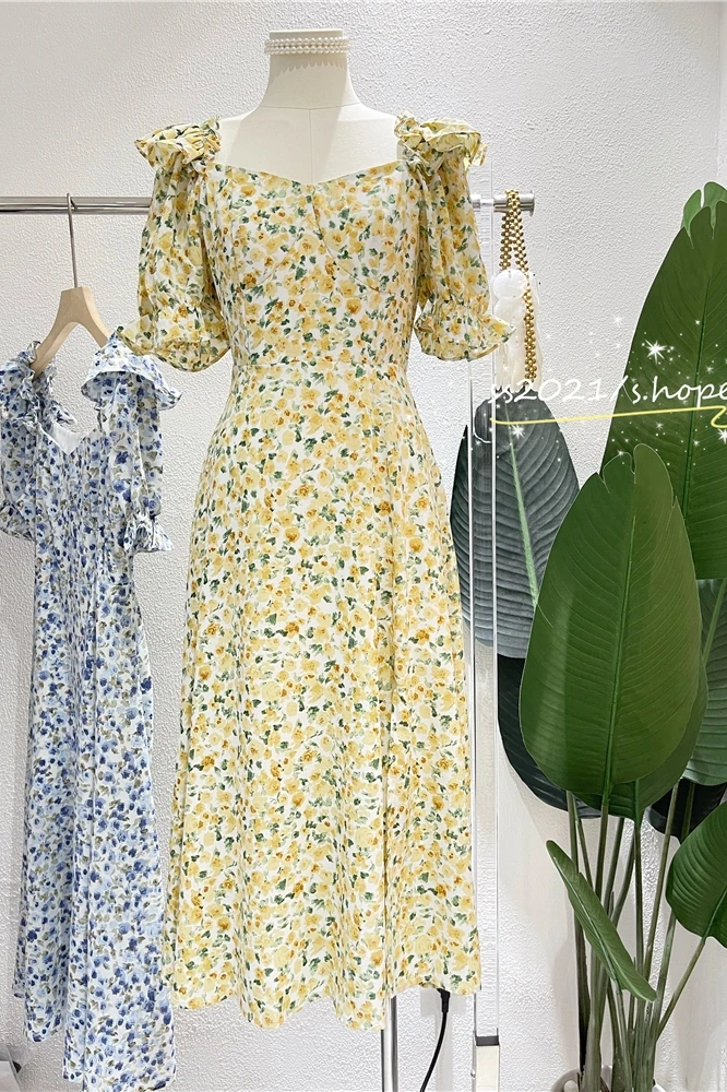 

2021 Summer French Puff Sleeve Draping Chiffon Floral Dress Split Midi Dress for Women