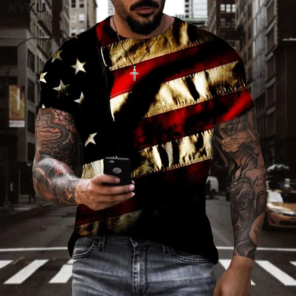 

KYKU Usa T shirt Men National Flag Shirt Print Hip Hop Tshirt Printed Retro Tshirts Casual Mens Clothing Punk Rock Printed Style