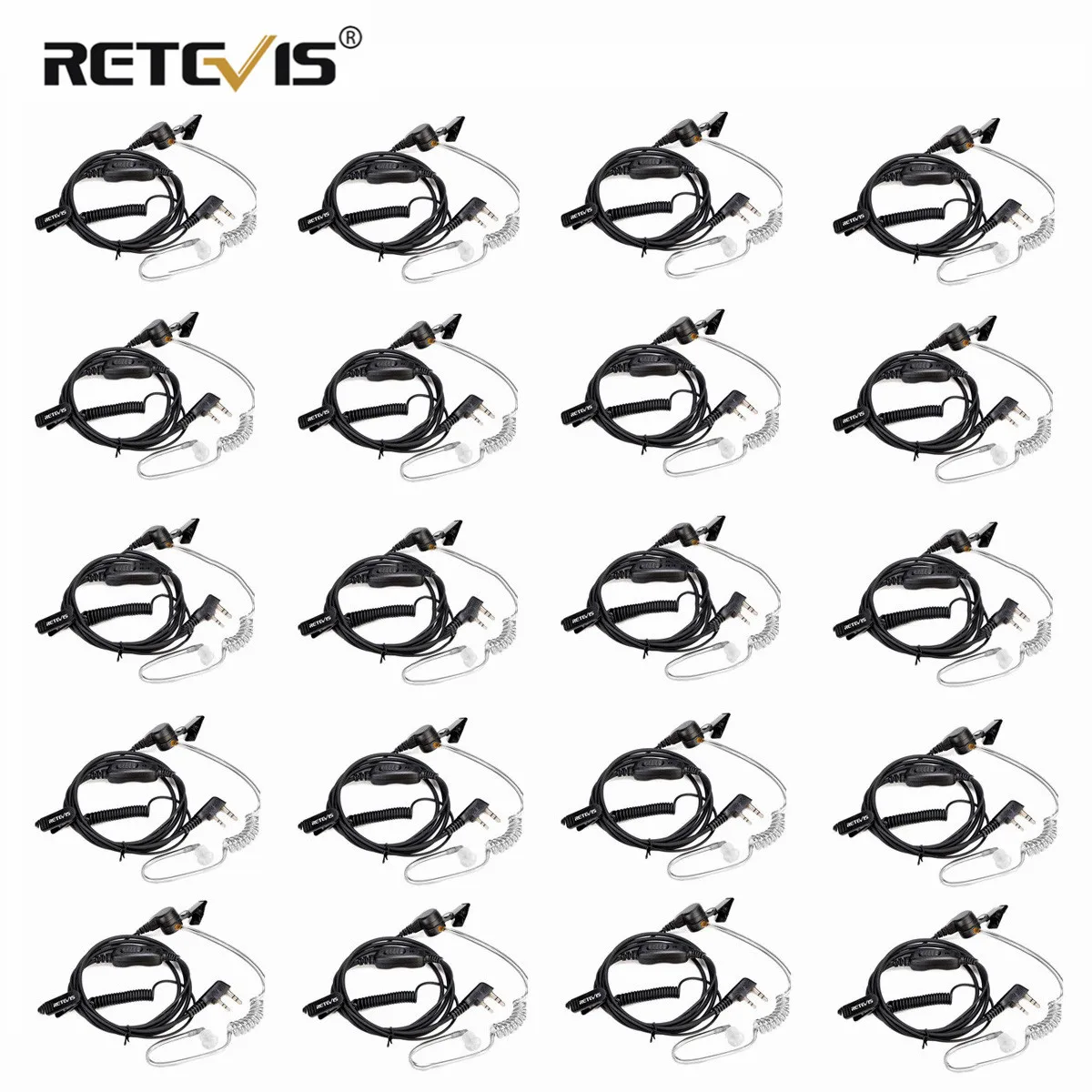 Retevis 20pcs Walkie Talkie Earphones Acoustic Tube Headset 2Pin With PTT MIC For Kenwood Puxing Baofeng UV5R Retevis RT3S RT22