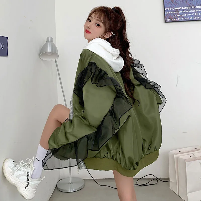 

Women Fashion Black Green Jackets Street Personality Mesh Patch Stitch Windbreaker Baseball Coat Loose Casual Oversized Outwear