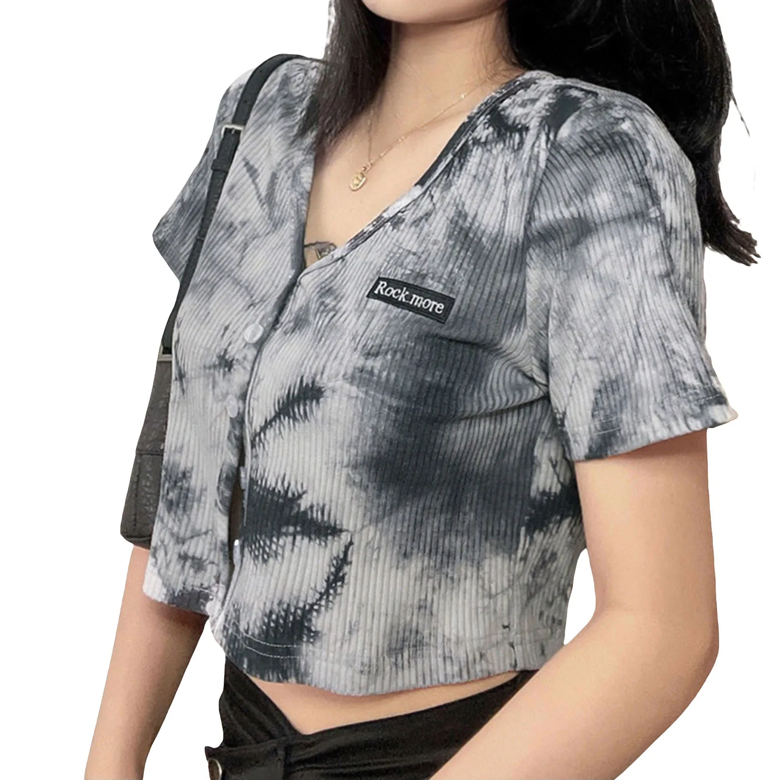 

2021 New Women's Tie Dye Crop Tops, Sexy V Neck Short Sleeve Slim Fit Ribbed Knit T-Shirts
