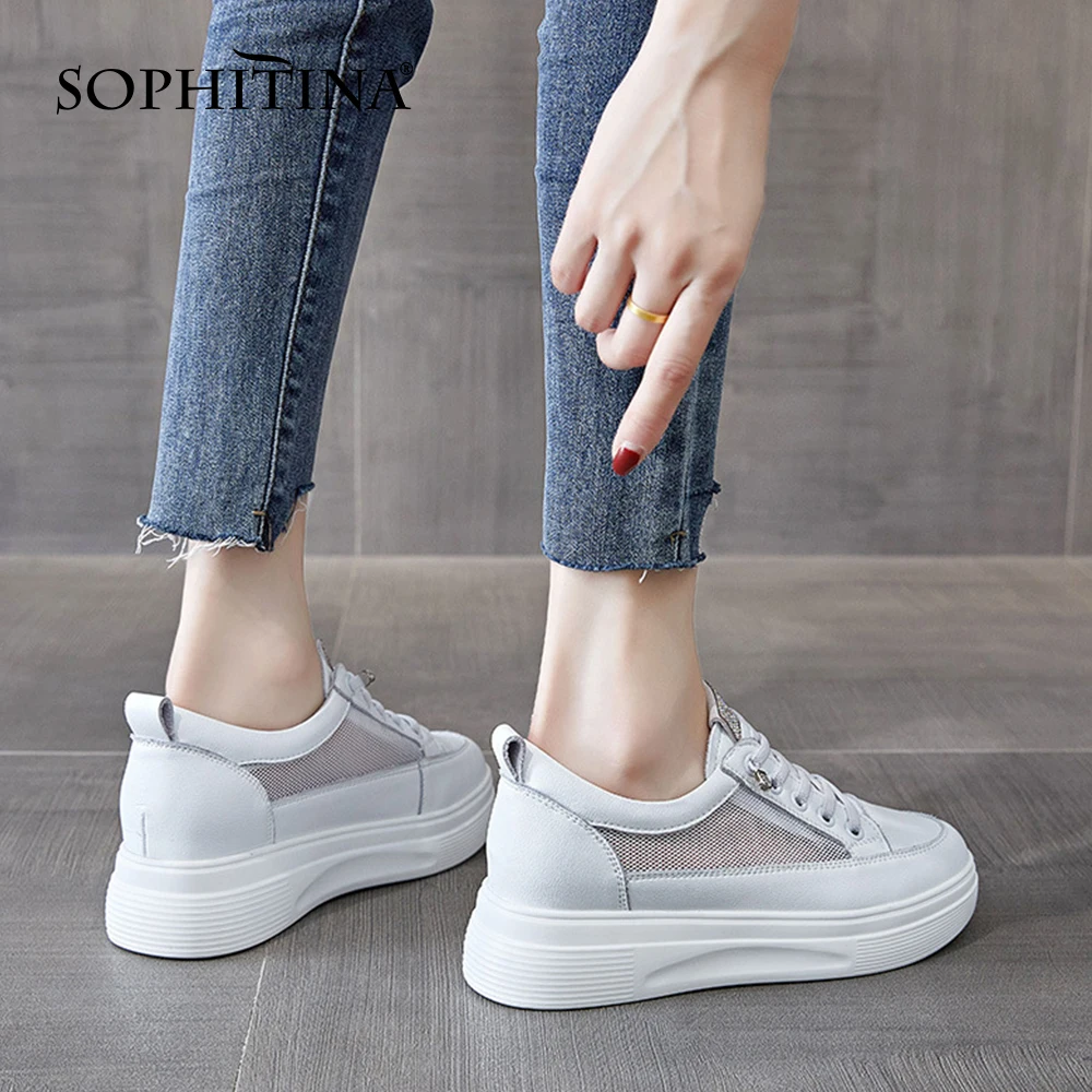 

SOPHITINA Women Shoes Casual Summer Mesh Breathable Genuine Leather Shoes Rhinestone Sneakers Platform Trend Lady Flats FO737