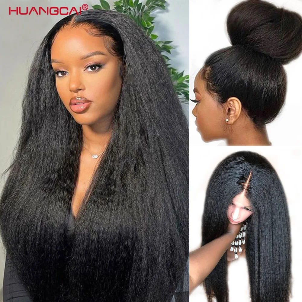 

Kinky Straight Middle Part Lace Wig 180% Density Brazilian Human Hair Pre Plucked With Baby Hair Remy Glueless For Women 28inch