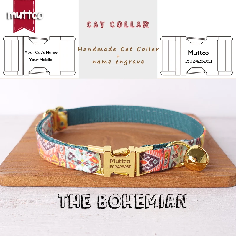 

Ошейник MUTTCO ручной работы с гравировкой, с металлической пряжкой, для кошки, богемный дизайн, 2 размера UCC050B