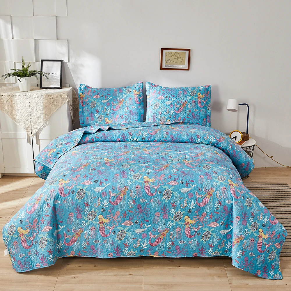 

3PCS Child Queen Bedding Set Mermaid Unicorn Shark Quilt Set Home Decor Blue Purple Bed Sheet Set Lightweight Ship From USA