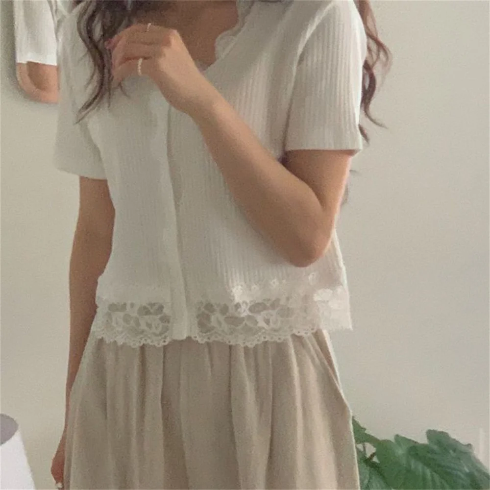 

Stowaulb Slim Sweet Lace Patchwork New Knitted All Match 2021 Summer Femme Chic Lady Brief OL Knitwear Short Sleeves T-shirts
