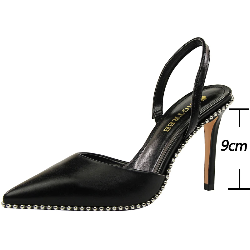 

Shoes Rivet High Heels Woman Pumps Pu Leather Women Heels 9cm Sexy Party Shoes Black Red Apricot Wedding Shoes Female