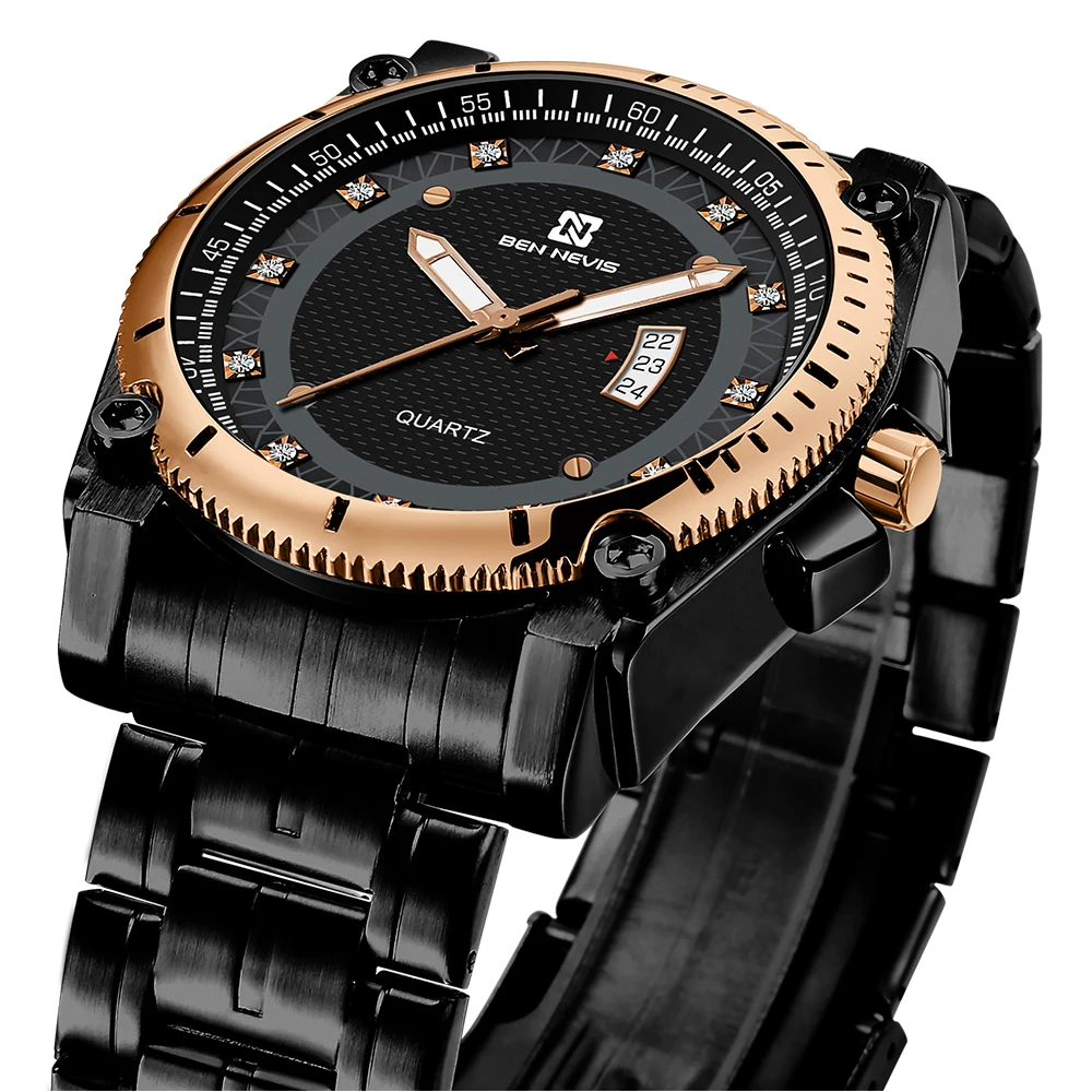 

BEN NEVIS Fashion Mens CZ Black Dial Quartz Watches 2021 Calendar Display Waterproof Luxury Top Brand Relogio Masculino