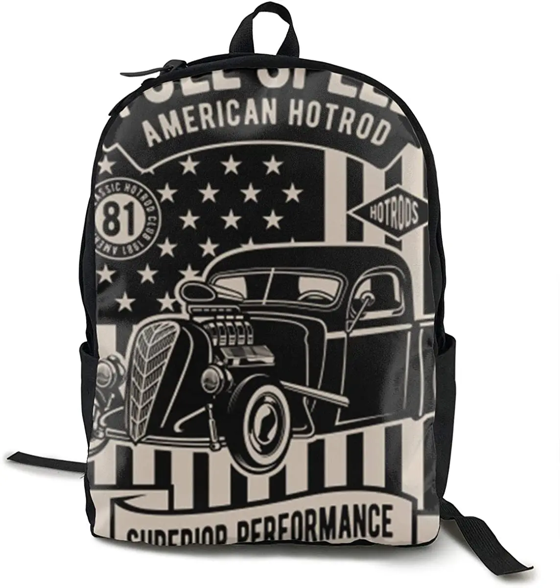 

Vintage Hot Rod American Flag Classic Car Shoulders Backpack Fashion Printing Shoulder Bag with Multiple Pockets