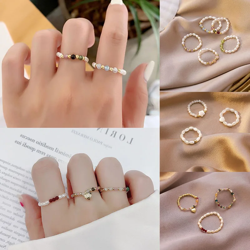 

Bohemian Handmade Multi Beaded Natural Stone Pearl Crystal Rings For Women Continuous Circle Ring Fashion Jewelry