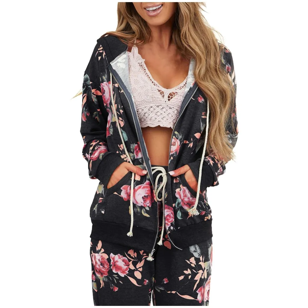 

Women Floral Zipper Pockets Drawstring Loose Long Sleeve Hooded Cardigans Women's Casual Cardigan Heated Jacket Long Coat Tops