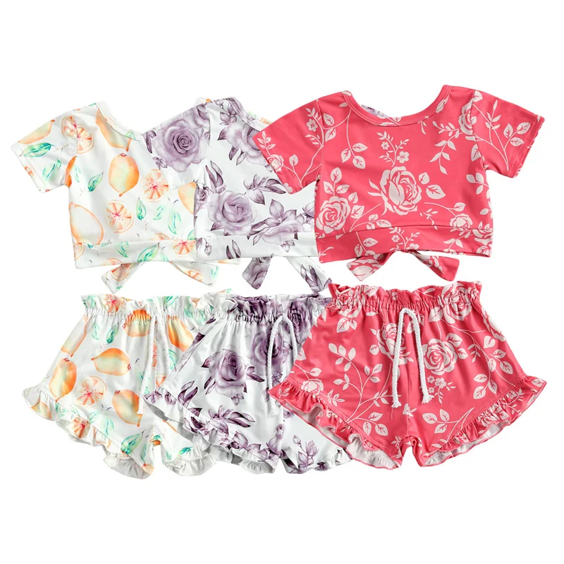 

12Month-5Year Baby Girls Flower/Fruit Print Summer Clothing Sets,Children Girls O-Neck Bowknot T-shirt+Ruffle Drawstring Shorts