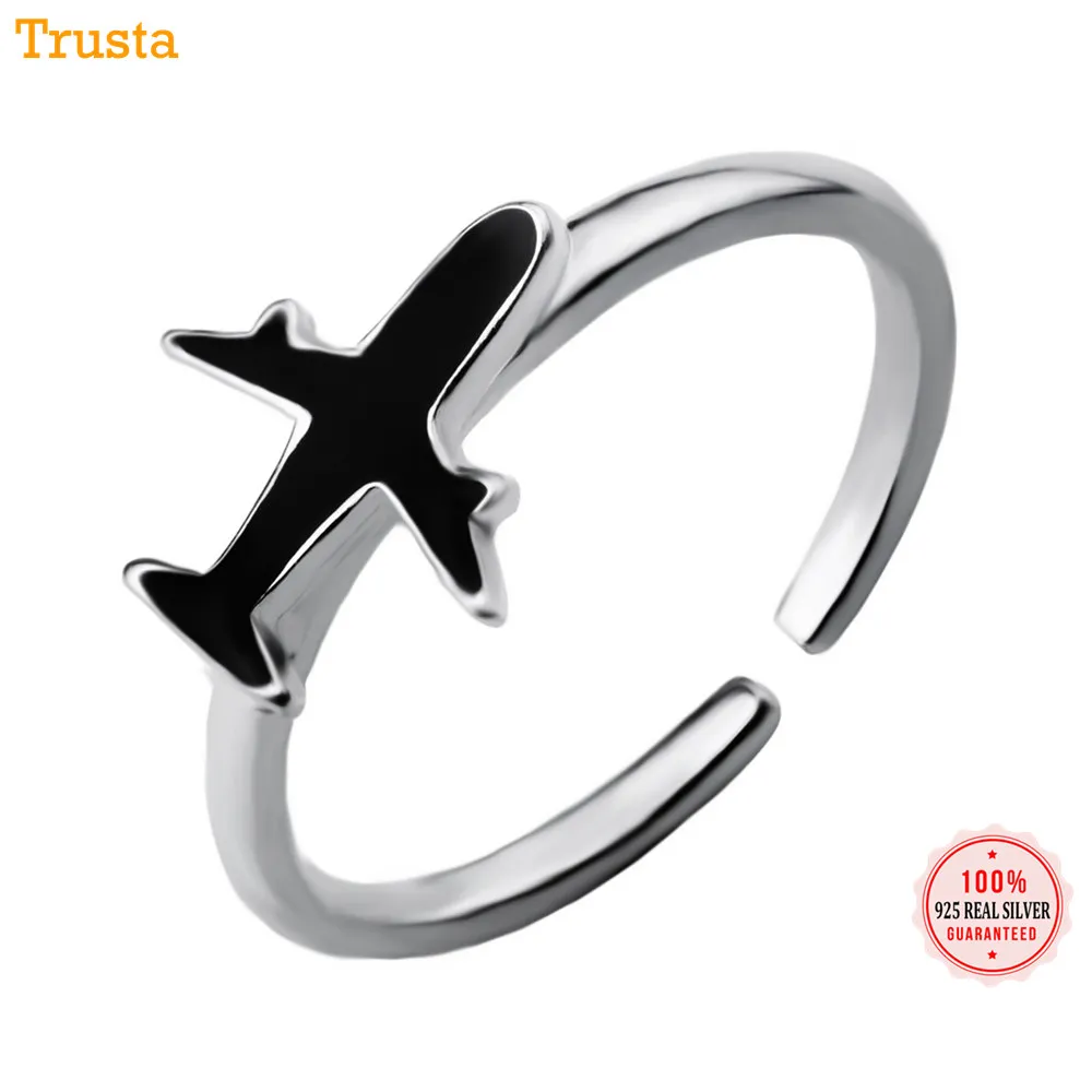 Trustdavis 100% серебро 925 пробы модный черный самолет самолета регулируемое кольцо для
