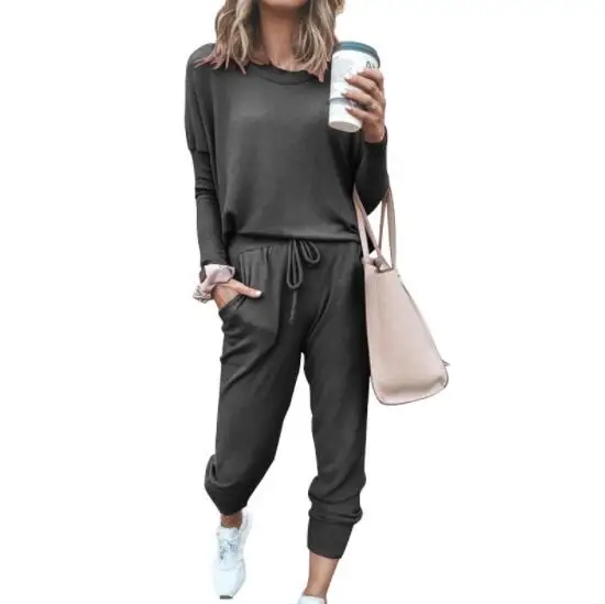 

Women's new loose solid color long sleeve casual two-piece suit