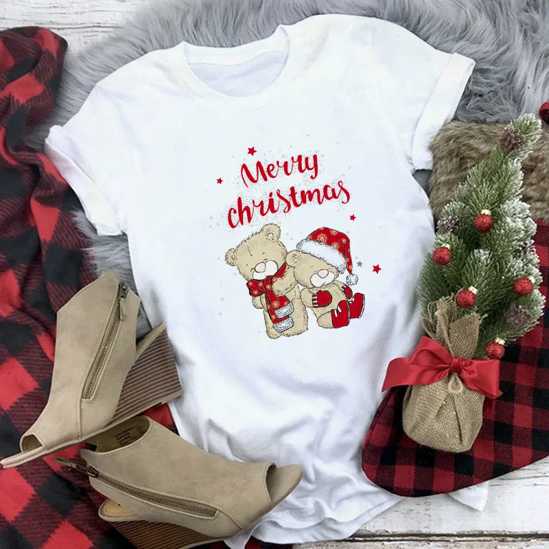 

Merry Christmas Women White T-shirt Cartoon Animal Printed Round Neck Female Top Harajuku Kawaii Ladies Loose Clothes