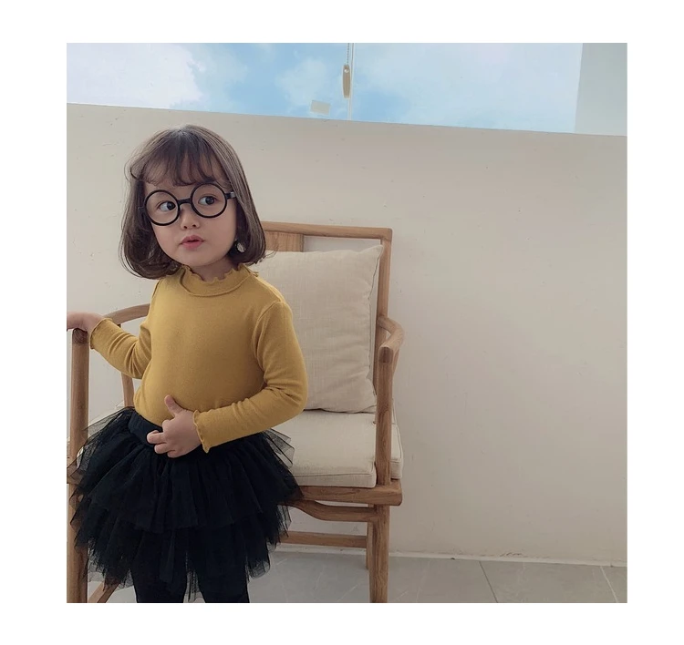 Джемпер с полувысоким воротником для девочек, весна-осень, Новые однотонные футболки с длинными рукавами, детские теплые футболки из хлопка