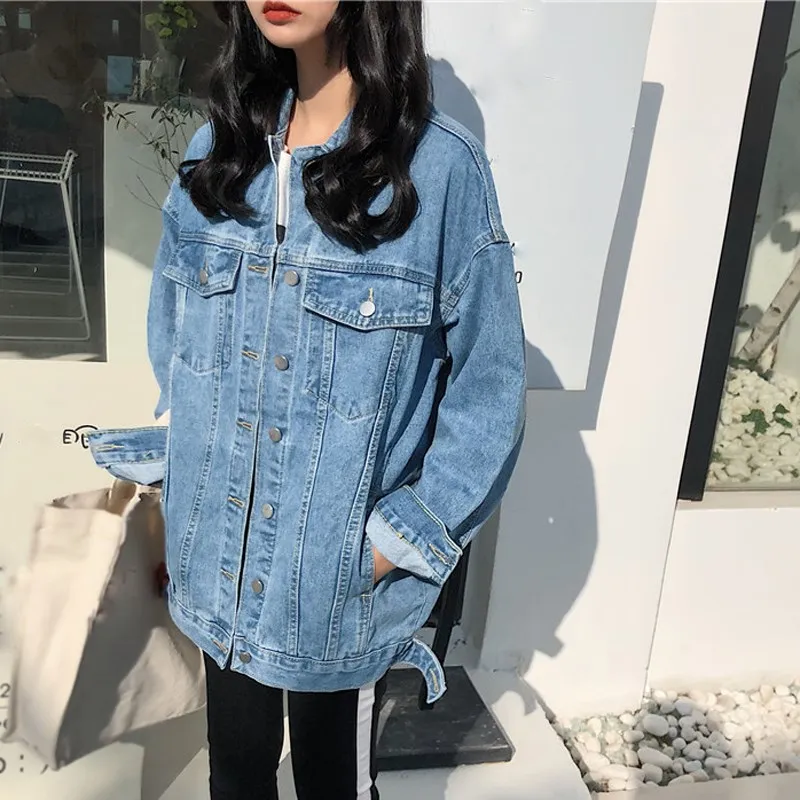 2019 Однотонная синяя женская джинсовая куртка с отложным воротником Свободные