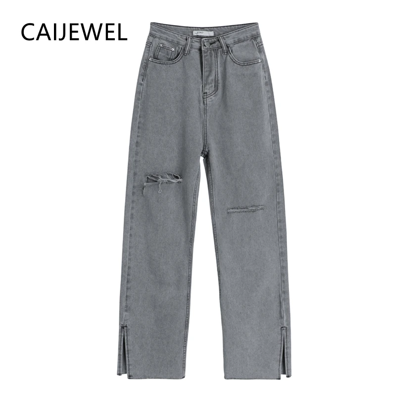 

Plus Size Women Ripped Jeans High Waist Streetwear Grey Denim Pants Baggy Vintage Wide Leg Jeans Casual Mom Straight Denim Pants