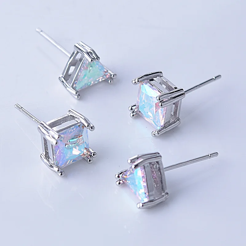 

OMHXZJ Wholesale EA608 European Fashion Woman Party Birthday Wedding Gift Triangle Square Zircon 18KT White Gold Stud Earrings