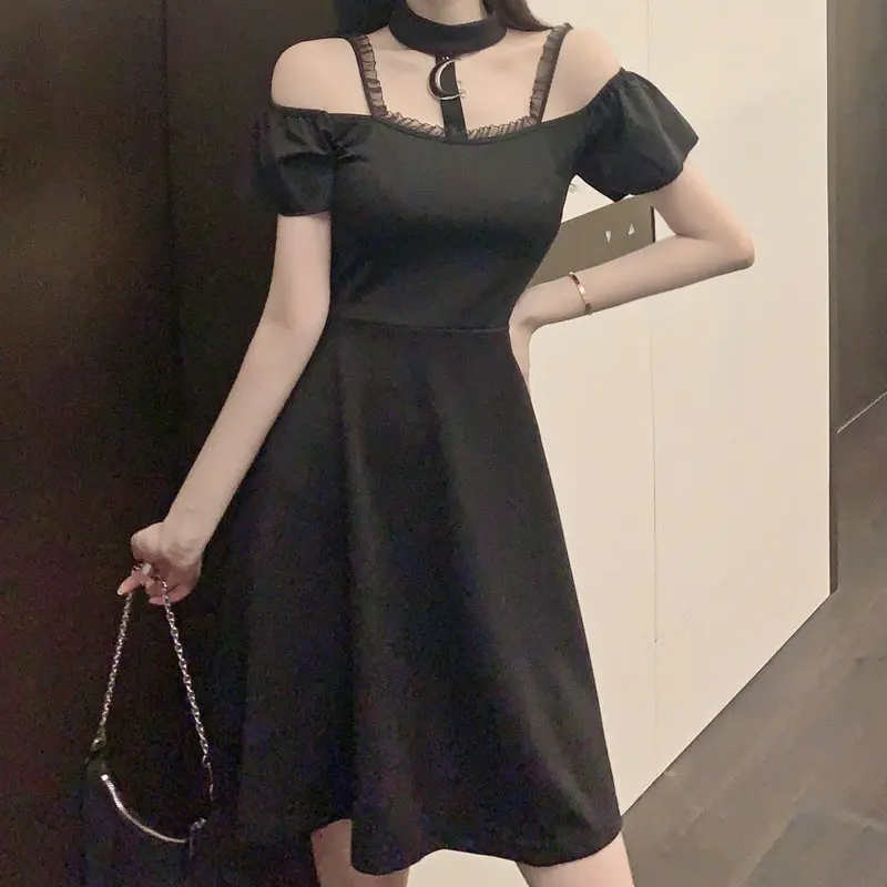 

Women Summer Black Sexy Dresses Off Shoulder Halter Neck Design Back Zipper A-Line Knee Middle Length One Piece Rib-Knit Robe