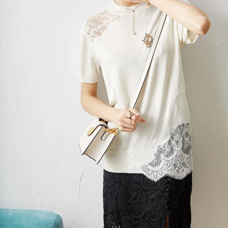 Женский трикотажный свитер с круглым вырезом хлопковая блузка коротким рукавом