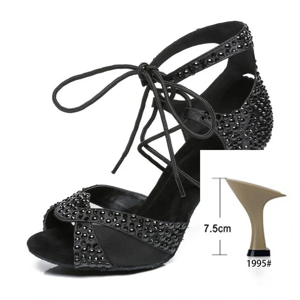 Women Latin Dance Shoes Ballroom Black Dancing Shoes Wedding Party Sandals Sexy Rhinestone Salsa Dance shoes for high heels