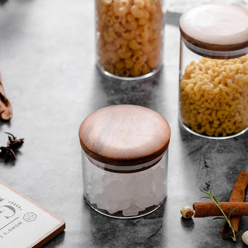 

Glass Jar with Bamboo Lid Sealed Canister Food Storage Bottles Container Kitchen Storage for Loose Tea Coffee Bean Sugar