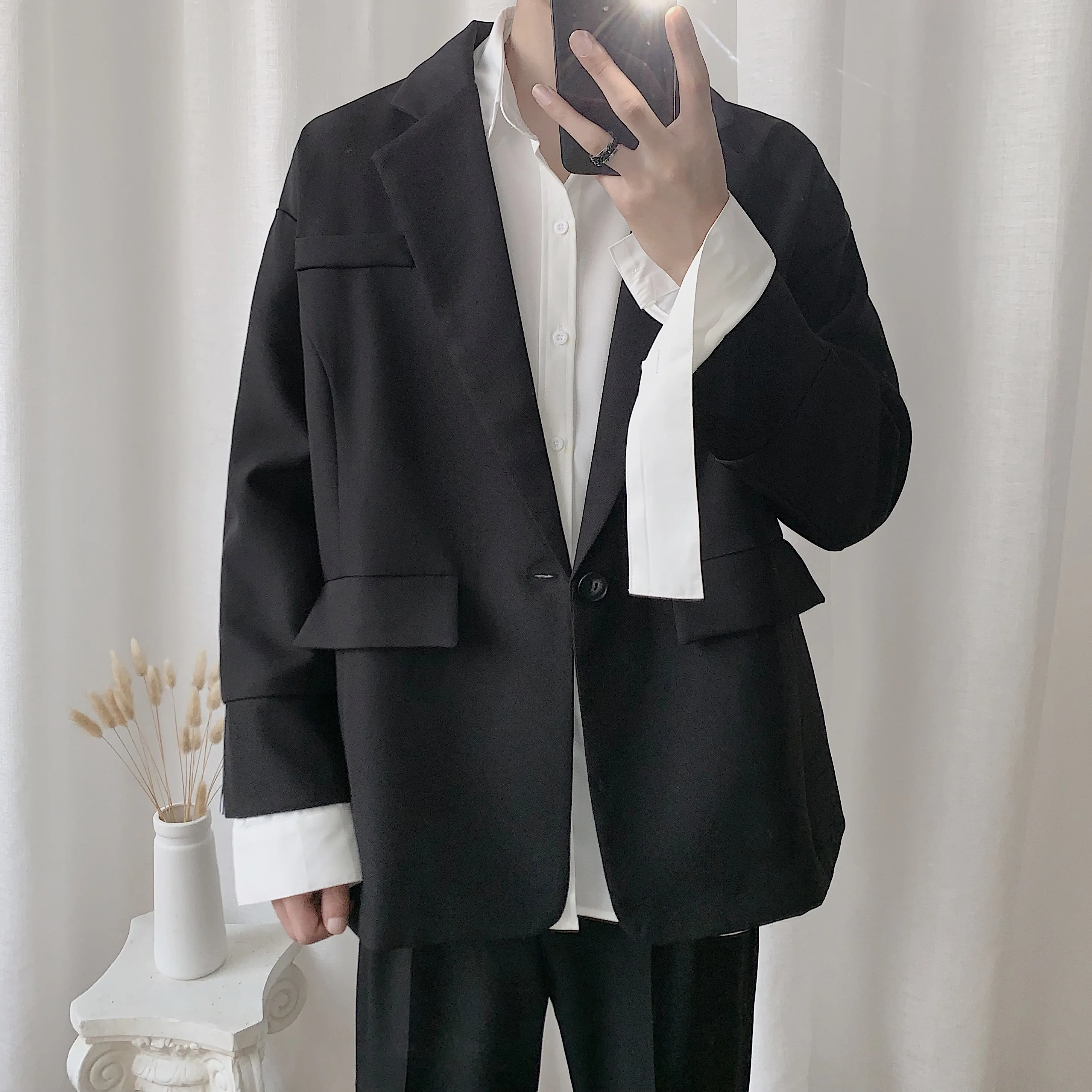 2019 корейский новый мужской блейзер и пиджак черный негабаритный повседневный
