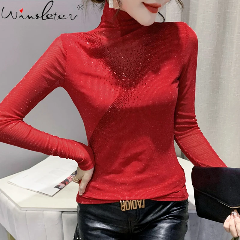

MadBlack Fall Winter Clothes Lady T-Shirt Chic Turtleneck Shiny Diamonds Women Tops Long Sleeve Bottoming Shirt New Tees T10938A