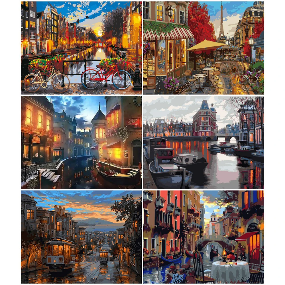 

AZQSD Coloring By Number Town Acrylic Frame DIY Modern Wall Art Paint By Numbers On Canvas For Adults Landscape Unique Gifts