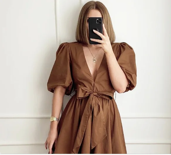 

2021 Summer V Neck Sexy Lantern Sleeve High Waist Short Sleeve Mini Dress For Women