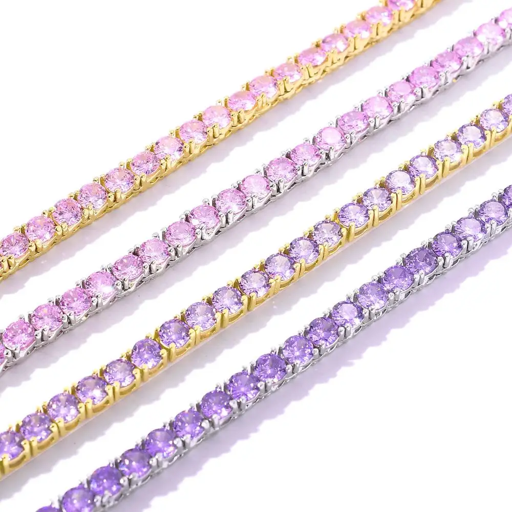 

Purple Color Zircon 1 Row Tennis Chain Necklace Hip Hop Iced Out Jewelry Copper Material Men's Women Necklace Link 4mm width