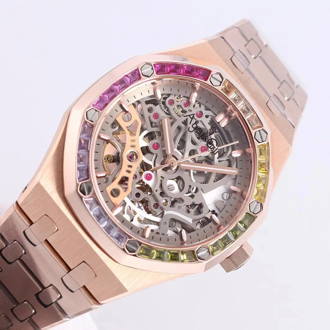 

New Automatic Mechanical Matte Rose Gold Rainbow Diamonds OAKS Tourbillion Women Lady Sapphire Stainless Steel Royal Watch 37mm