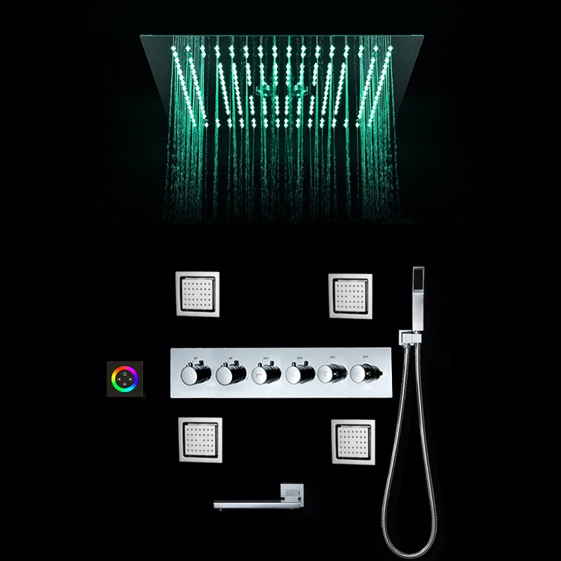 구매 고급스러운 샤워 시스템 16 인치 레인 샤워 헤드 패널 LED 샤워 세트 온도 조절 믹서 황동 욕실 수도꼭지 크롬 & 블랙