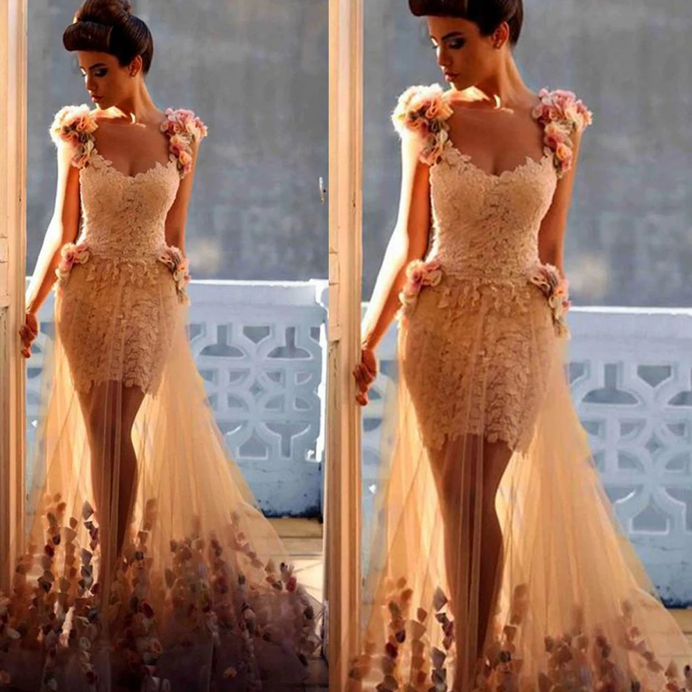 Goede Champagne Prom Dresses 2020 Sweetheart Hals Kant Applicaties Afneembare Trein Hand Made Bloemen Kant Avondjurken