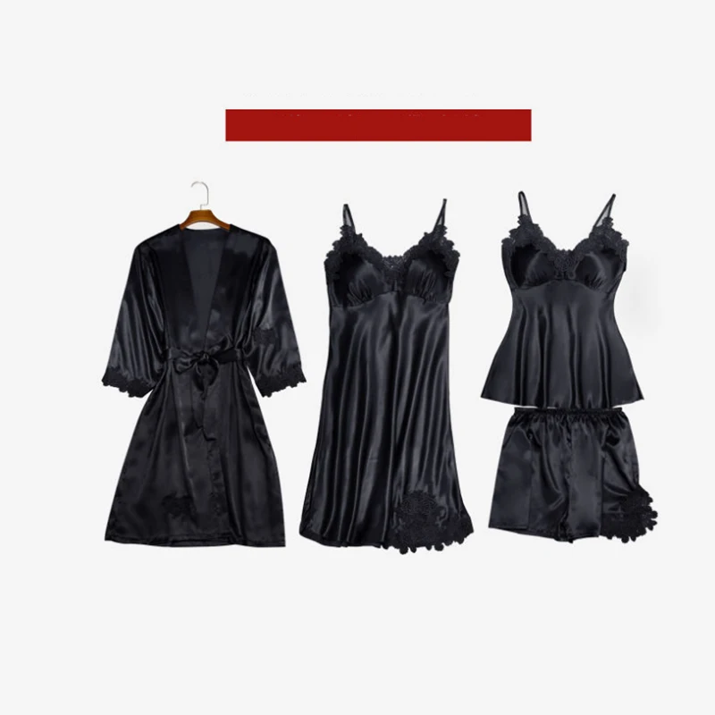 Женская пижама комплект из 4 предметов халат и платье кружевной шелковая