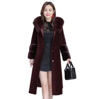 2020 new real fur coat women fox fur collar long winter jacket korean clothes sheep shearing wool fur coats and jackets m452