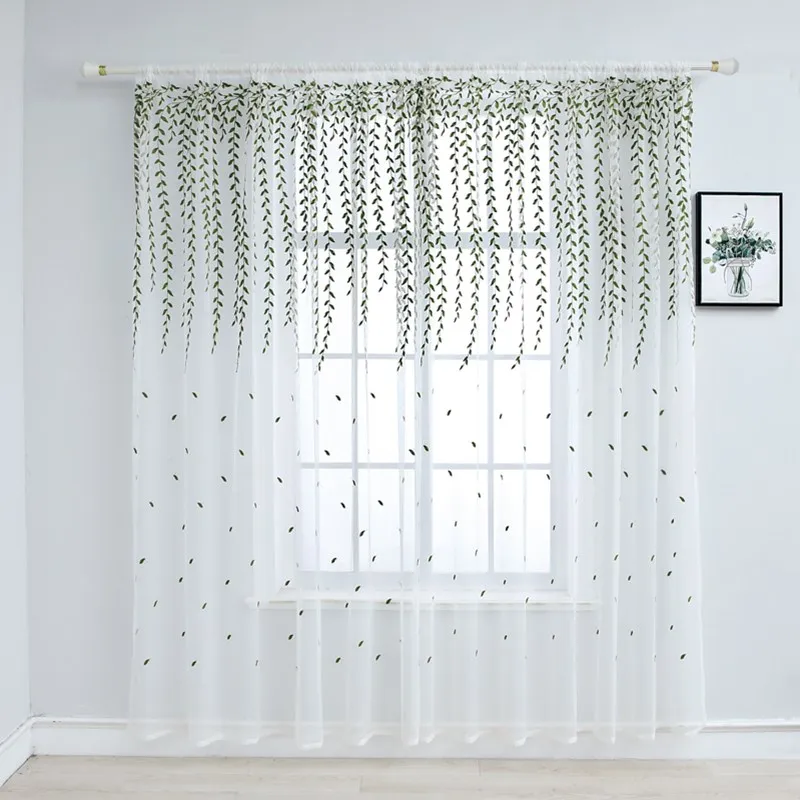 Прозрачная занавеска зеленая ивовая елка вышитая гостиная Тюль модная вуаль