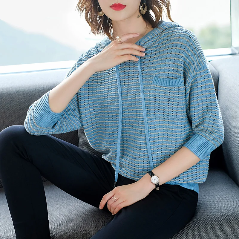 

New Autumn Female Wool Hooded Sweater Pullover Lady Striped Hooded Blouses Knit Jumper
