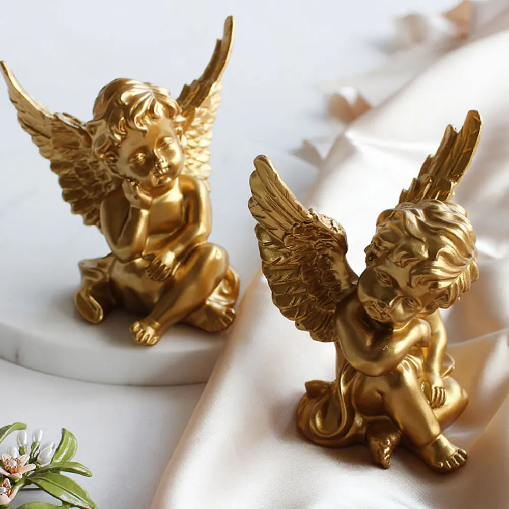 

1 Pair Adorable Angel Creative Angel Ornament Home Angel Decor Resin Craft Birthday Gift (Golden)