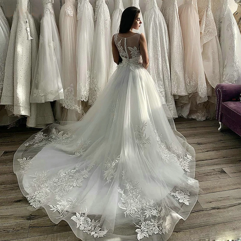 

New Arrival White Tulle Sccop Sheer Wedding Dress Off Shoulder Women Wedding Gowns Court Train Bridal Dresses Vintage 2020