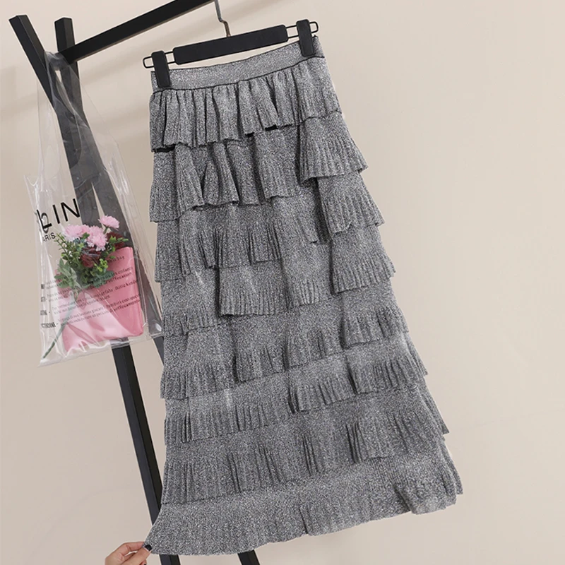 Многослойная юбка макси Cakee серебристая блестящая плиссированная до щиколотки с